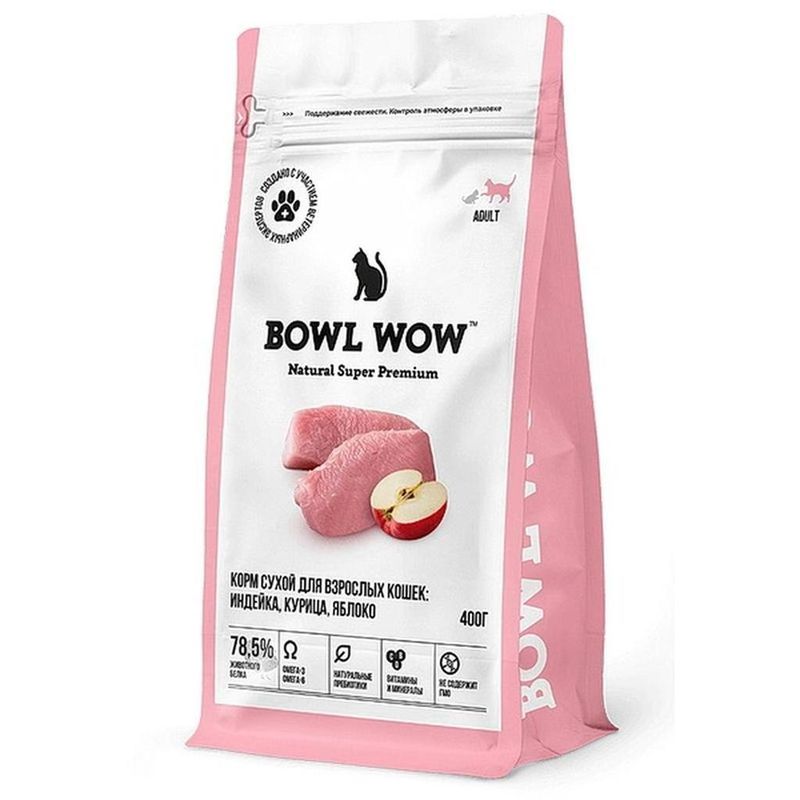 BOWL WOW Сухой корм д/кош. с индейкой и яблоком 0,4 кг