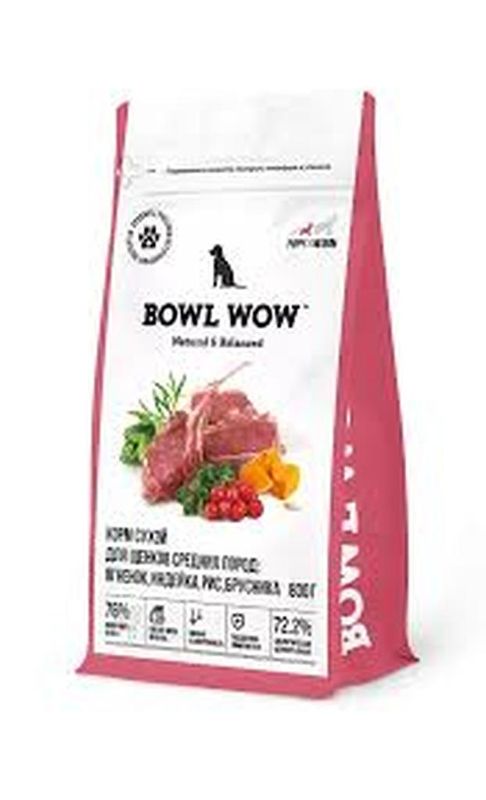 BOWL WOW Сухой корм д/щенков средних пород с индейкой,ягненком, рисом и брусникой 0,8 кг